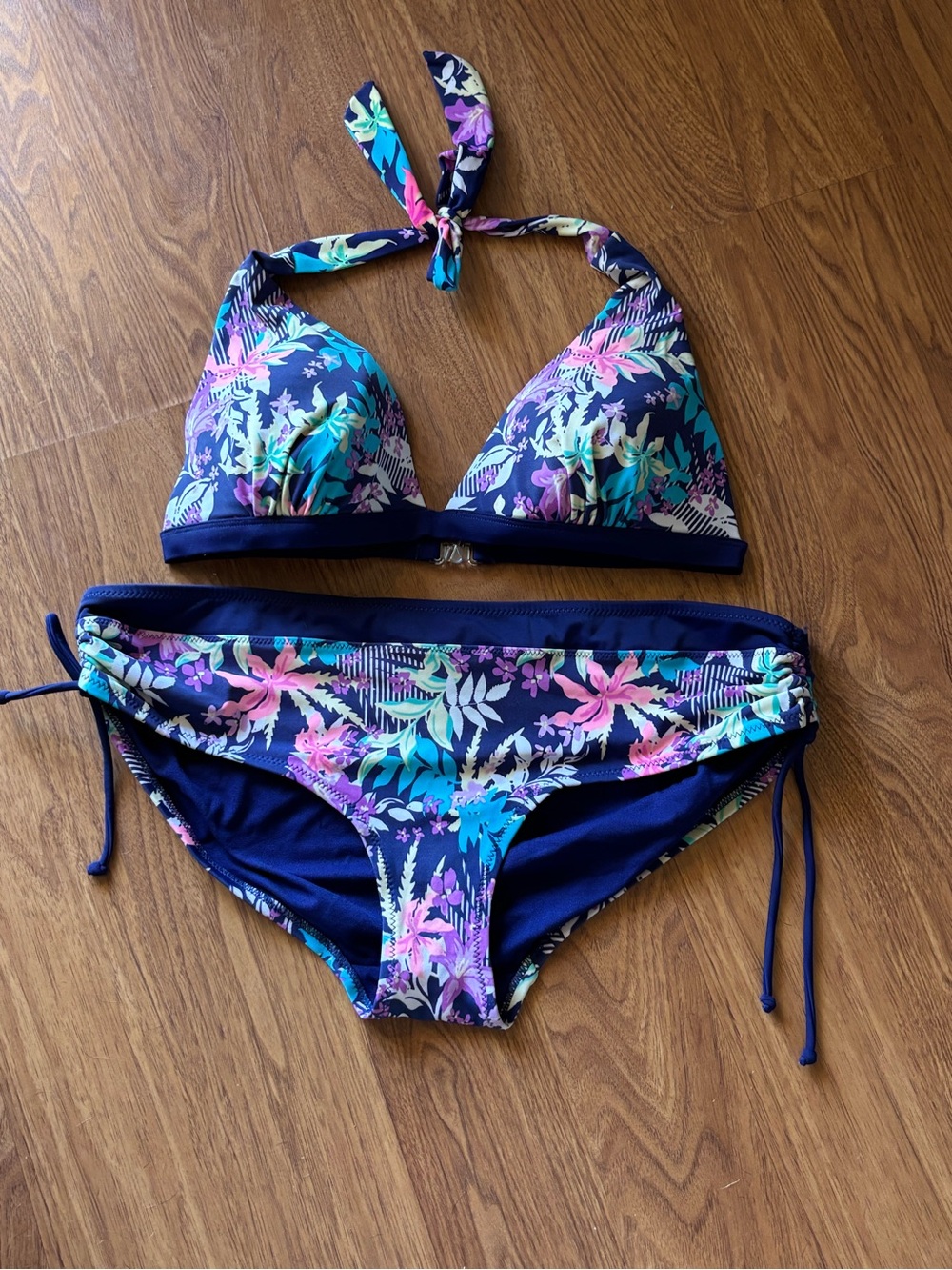 Navy Tropical Floral Halter Bikini Set